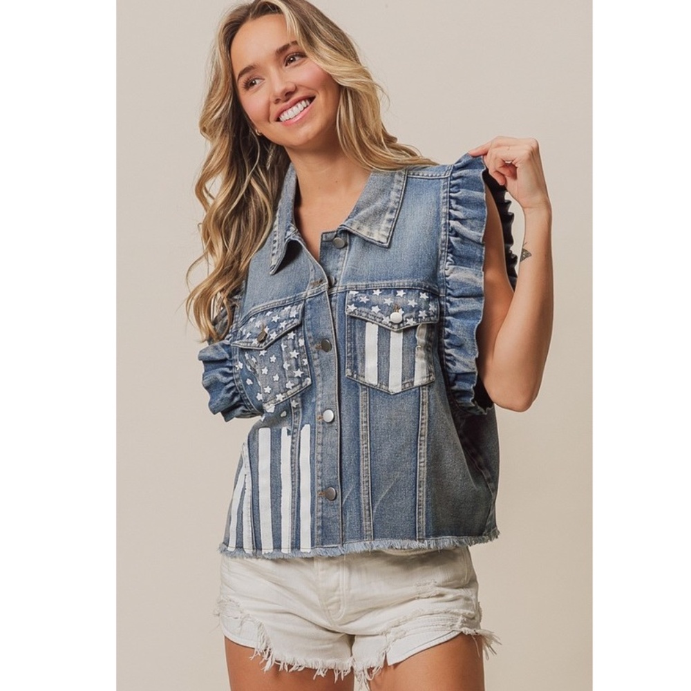 BiBi Denim Ruffle-Sleeve Vest with Star & Stripe Patchwork - Picture 2 of 4